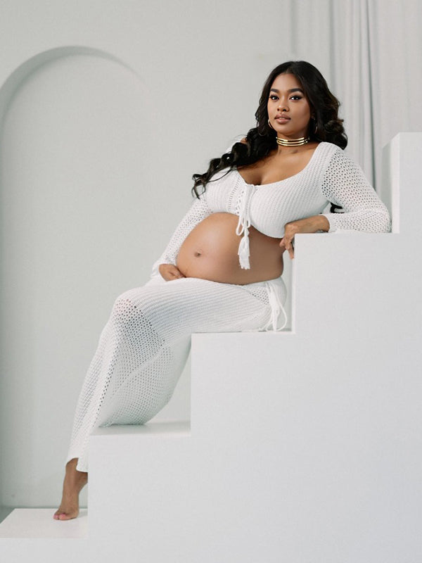 Momnfancy White Drawstring Crop Knitting 2-in-1 Photoshoot Maternity Maxi Dress