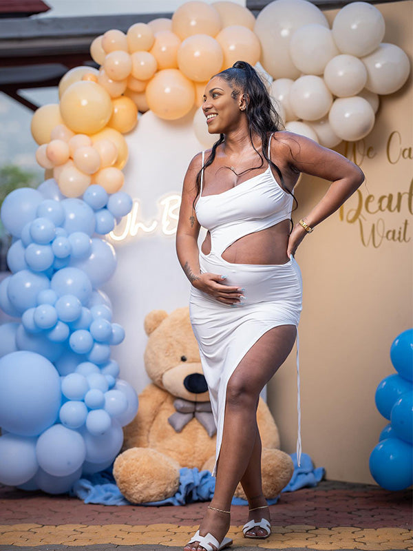 Momnfancy White Cut Out Drawstring Side Slit Cami Maternity Maxi Dress