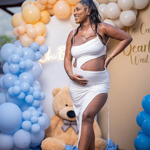 Momnfancy White Cut Out Drawstring Side Slit Cami Maternity Maxi Dress