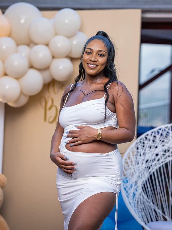 Momnfancy White Cut Out Drawstring Side Slit Cami Maternity Maxi Dress