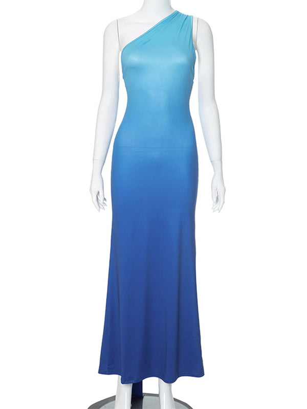 Momnfancy Blue Gradient Color Backless One-Shoulder Maternity Maxi Dress