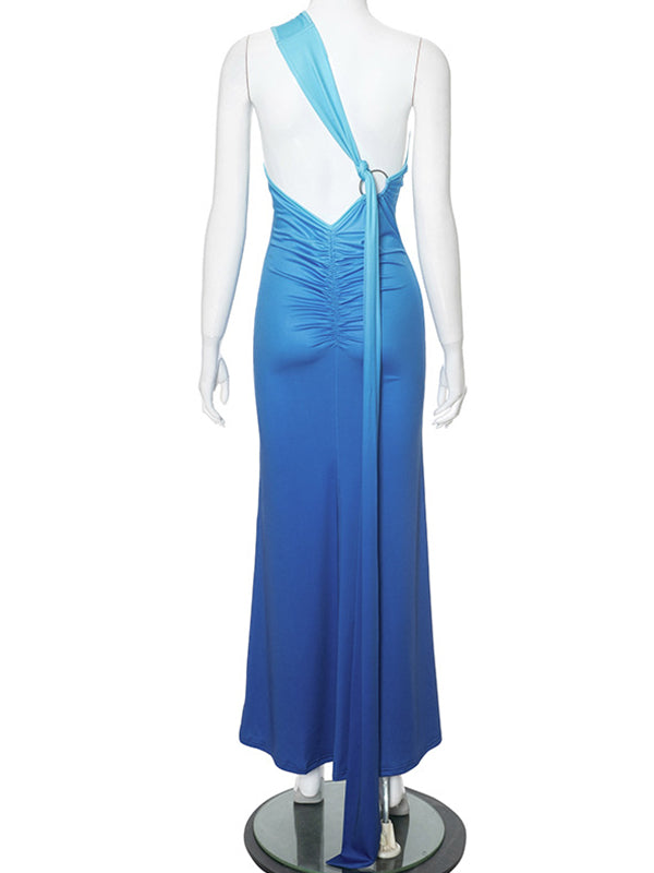 Momnfancy Blue Gradient Color Backless One-Shoulder Maternity Maxi Dress