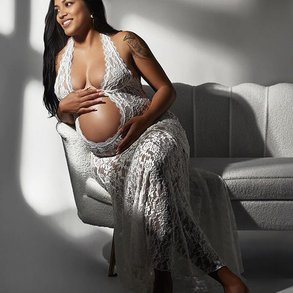 Momnfancy White Lace Cut Out Backless Mermaid Sheer Elegant Photoshoot Maternity Maxi Dress