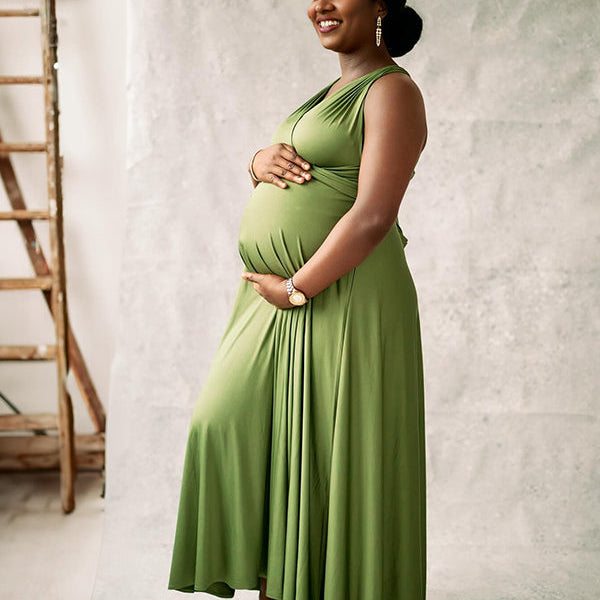 Momnfancy Grass Green Adjusted Strap Flowy Photoshoot Maternity Maxi Dress