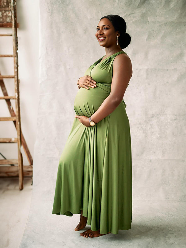 Momnfancy Grass Green Adjusted Strap Flowy Photoshoot Maternity Maxi Dress