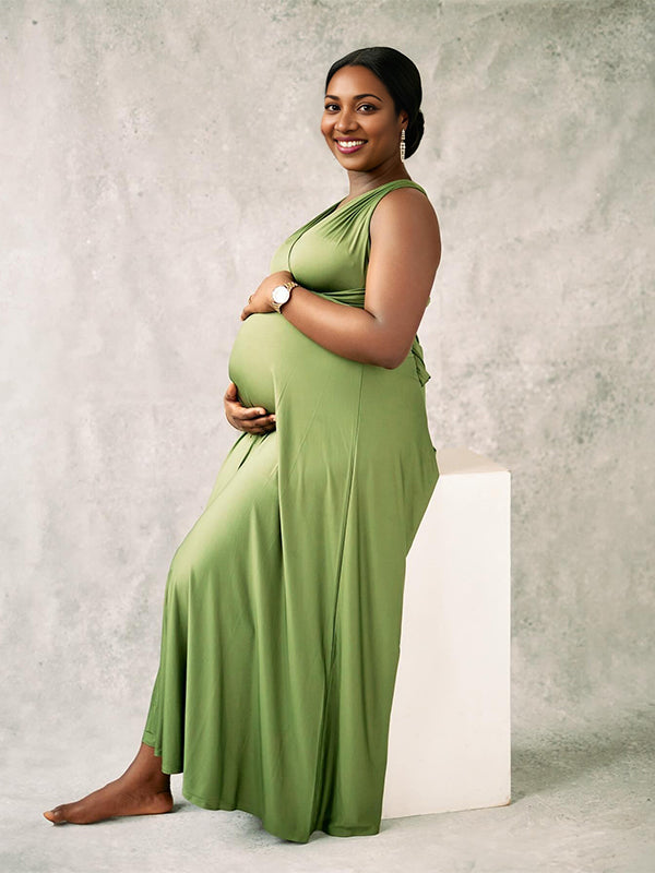 Momnfancy Grass Green Adjusted Strap Flowy Photoshoot Maternity Maxi Dress