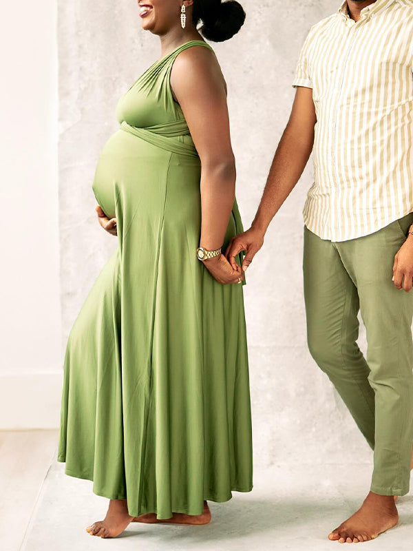 Momnfancy Grass Green Adjusted Strap Flowy Photoshoot Maternity Maxi Dress