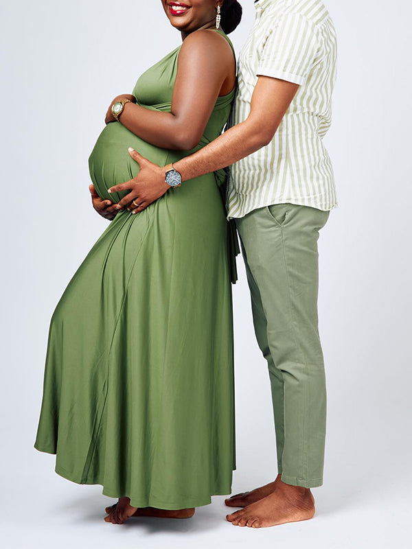 Momnfancy Grass Green Adjusted Strap Flowy Photoshoot Maternity Maxi Dress