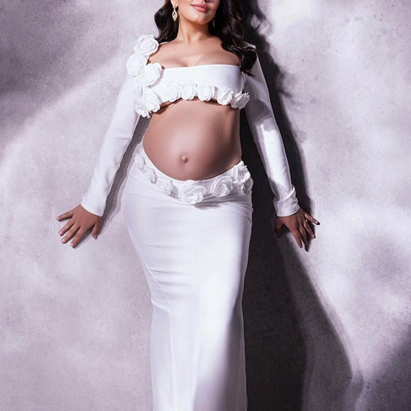 Momnfancy White 3D Flowers Cut Out Photoshoot Maternity Maxi Dress