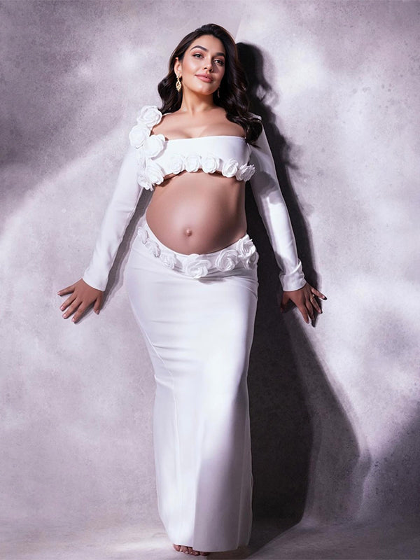 Momnfancy White 3D Flowers Cut Out Photoshoot Maternity Maxi Dress