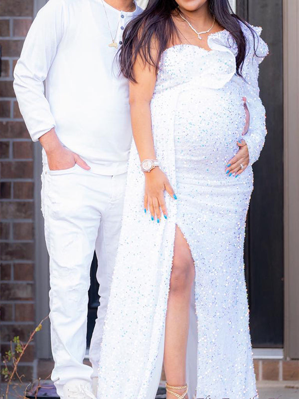 Momnfancy Sequin Ruffle One Shoulder Side Slit Maternity Maxi Dress