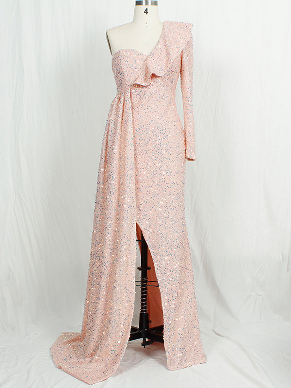 Momnfancy Sequin Ruffle One Shoulder Side Slit Maternity Maxi Dress