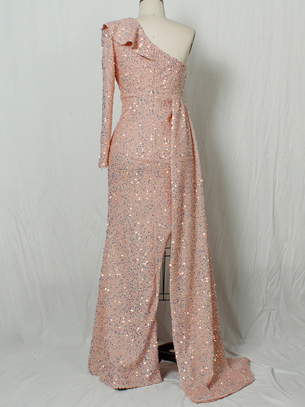 Momnfancy Sequin Ruffle One Shoulder Side Slit Maternity Maxi Dress