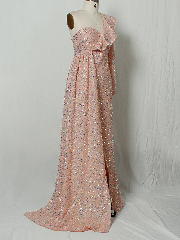 Momnfancy Sequin Ruffle One Shoulder Side Slit Maternity Maxi Dress