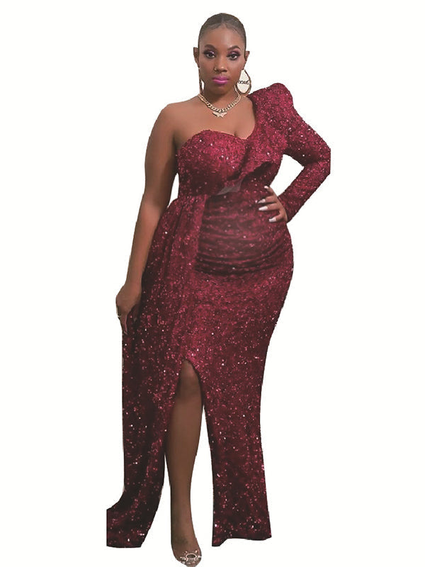 Momnfancy Sequin Ruffle One Shoulder Side Slit Maternity Maxi Dress