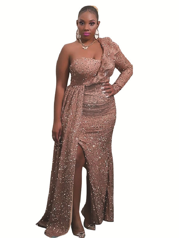 Momnfancy Sequin Ruffle One Shoulder Side Slit Maternity Maxi Dress