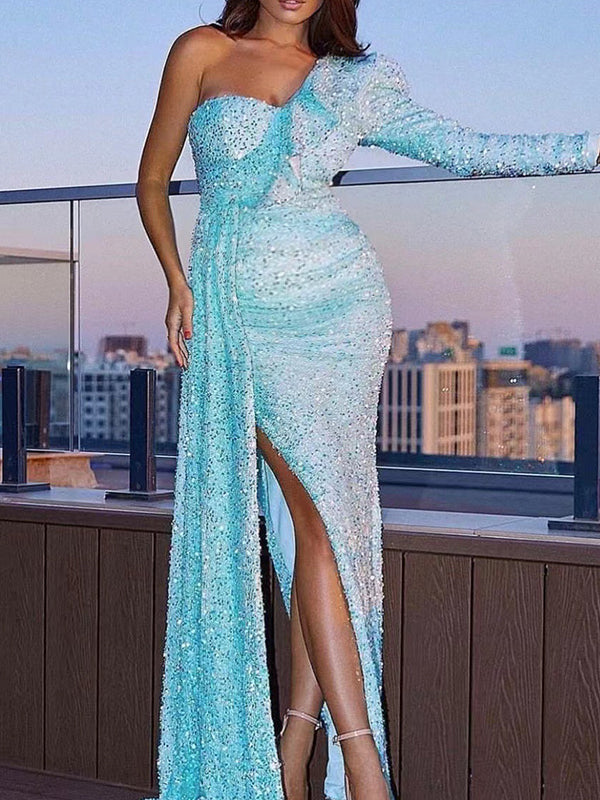 Momnfancy Sequin Ruffle One Shoulder Side Slit Maternity Maxi Dress