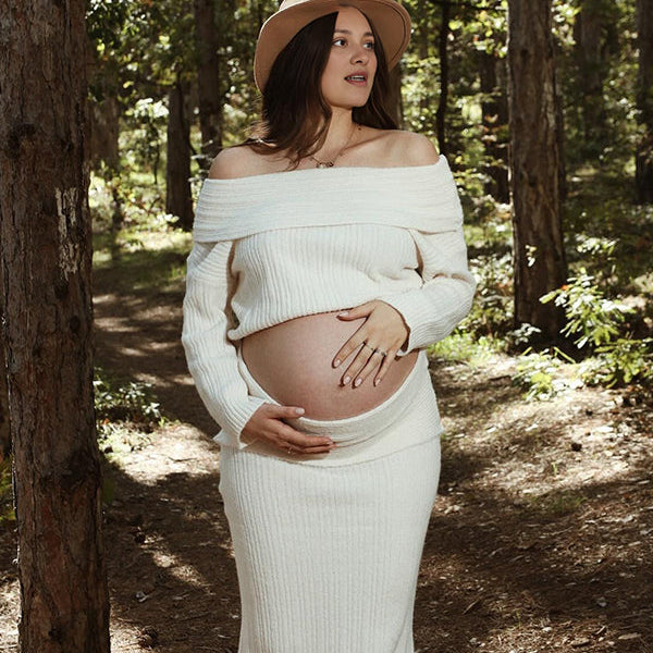 Momnfancy Solid Color Off Shoulder Crochet Knitwear Two Pieces Set Bodycon Elegant Going Out Gowns Photoshoot Maternity Sweater Maxi Dress