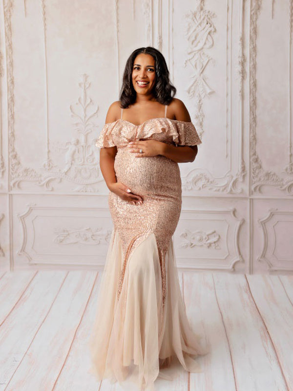 Momnfancy Glitter Sequin Off Shoulder Ruffle Falbala Tulle Mermaid Cami Elegant Christmas Evening Gown Maternity Photoshoot Maxi Dress