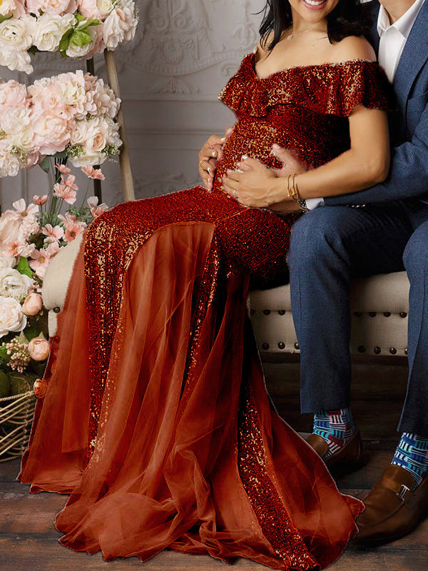 Momnfancy Glitter Sequin Off Shoulder Ruffle Falbala Tulle Mermaid Cami Elegant Christmas Evening Gown Maternity Photoshoot Maxi Dress