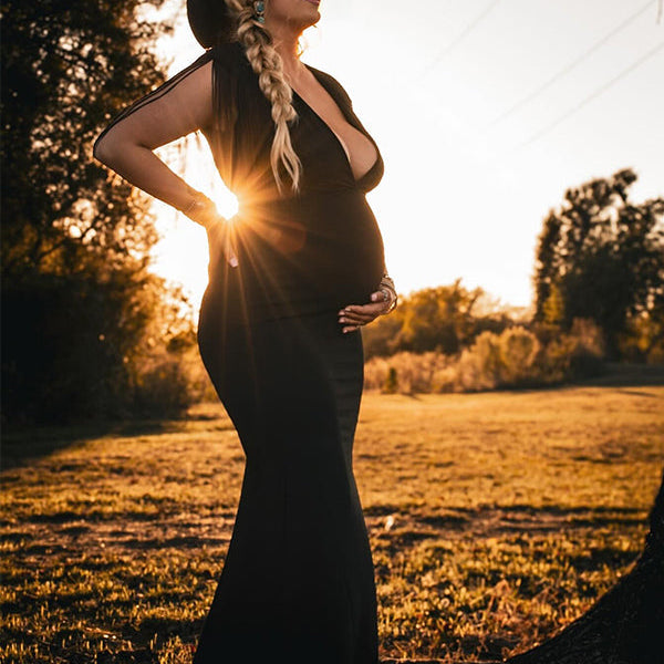 Momnfancy Black Tassel Fringe Cross Chest Mermaid Plus Size Elegant Maternity Maxi Dress