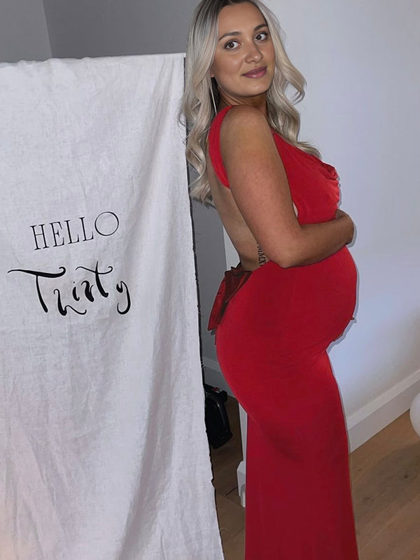 Momnfancy Solid Color Bow Tank Backless Mermaid Elegant Cocktail Party Maternity Maxi Dress