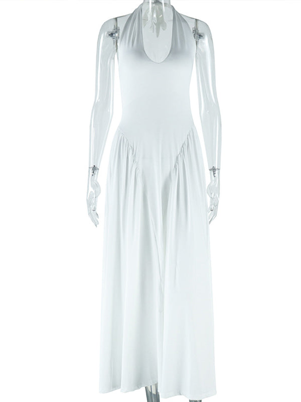 Momnfancy White Corset Halter Neck Backless Big Swing Maternity Maxi Dress