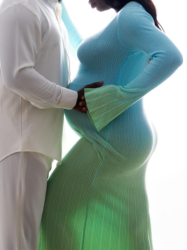 Momnfancy Light Blue Hit Color Flare Sleeve Mermaid Elegant Photoshoot Baby Shower Maternity Maxi Sweater Dress