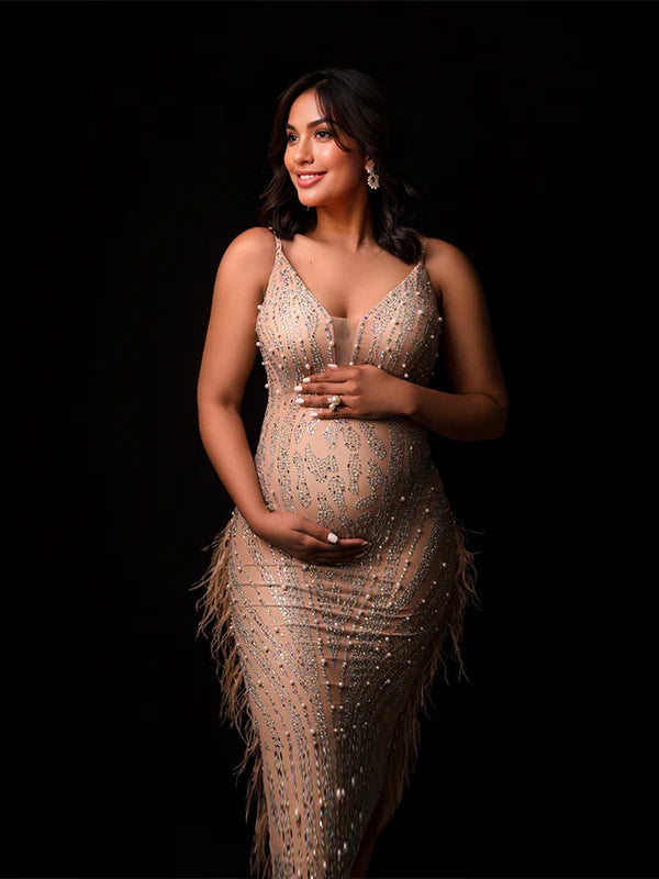 Momnfancy Beige Diamond Rhinestone Mesh Tassel Sheer Photoshoot Maternity Midi Dress
