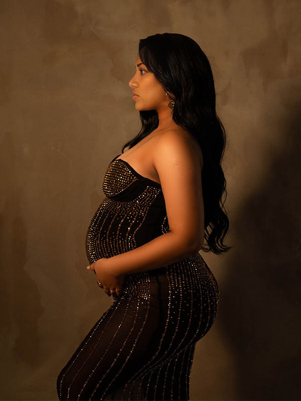 Momnfancy Black Sparkly Diamond Rhinestone Sheer Photoshoot Maternity Midi Dress