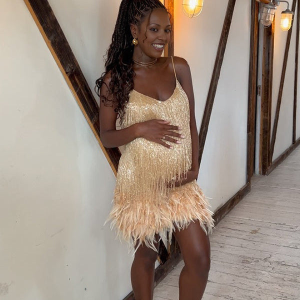 Momnfancy Gliter Sequin Fringe Tassle Feather Cami V-neck Elegant Cocktail Party Plus Size Maternity Baby Shower Mini Dress