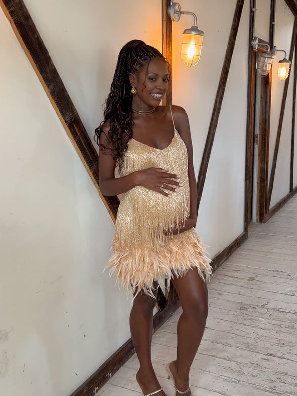 Momnfancy Gliter Sequin Fringe Tassle Feather Cami V-neck Elegant Cocktail Party Plus Size Maternity Baby Shower Mini Dress