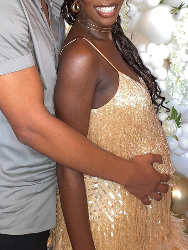 Momnfancy Gliter Sequin Fringe Tassle Feather Cami V-neck Elegant Cocktail Party Plus Size Maternity Baby Shower Mini Dress