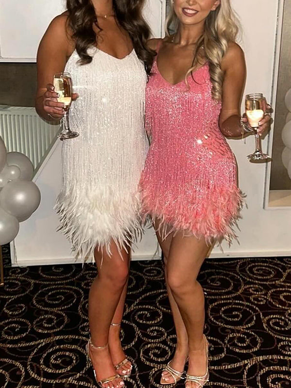 Momnfancy Gliter Sequin Fringe Tassle Feather Cami V-neck Elegant Cocktail Party Plus Size Maternity Baby Shower Mini Dress