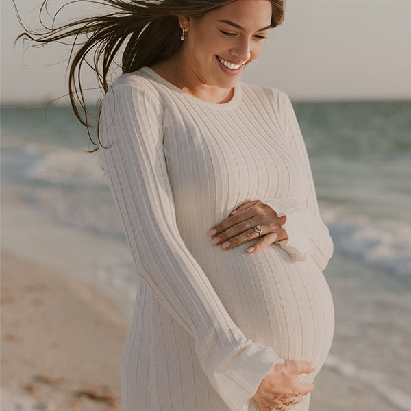 Momnfancy Solid Color Sashes Knit Lace-up High Waist Going Out Plus Size Photoshoot Maternity Sweater Maxi Dress