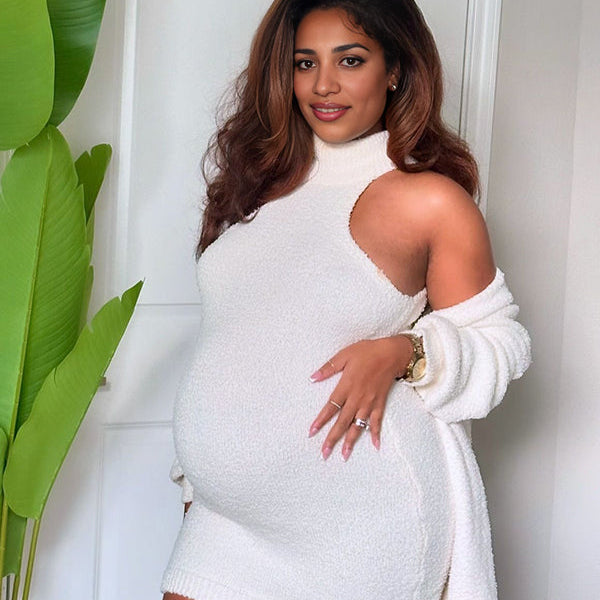 Momnfancy Two Piece Set High Neck Bodycon Fashion Daily Baby Shower Maternity Mini Sweater Dress