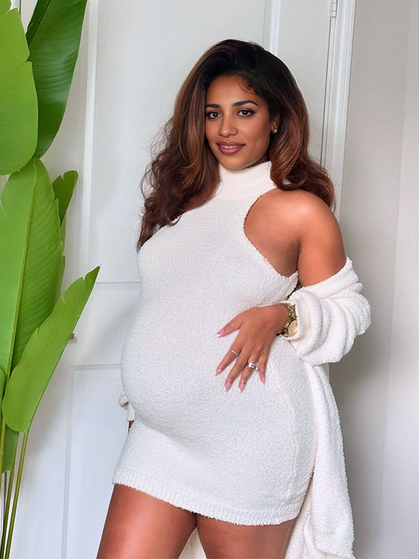 Momnfancy Two Piece Set High Neck Bodycon Fashion Daily Baby Shower Maternity Mini Sweater Dress
