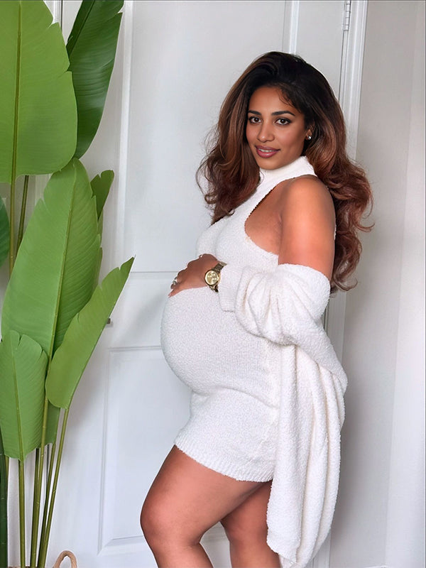 Momnfancy Two Piece Set High Neck Bodycon Fashion Daily Baby Shower Maternity Mini Sweater Dress