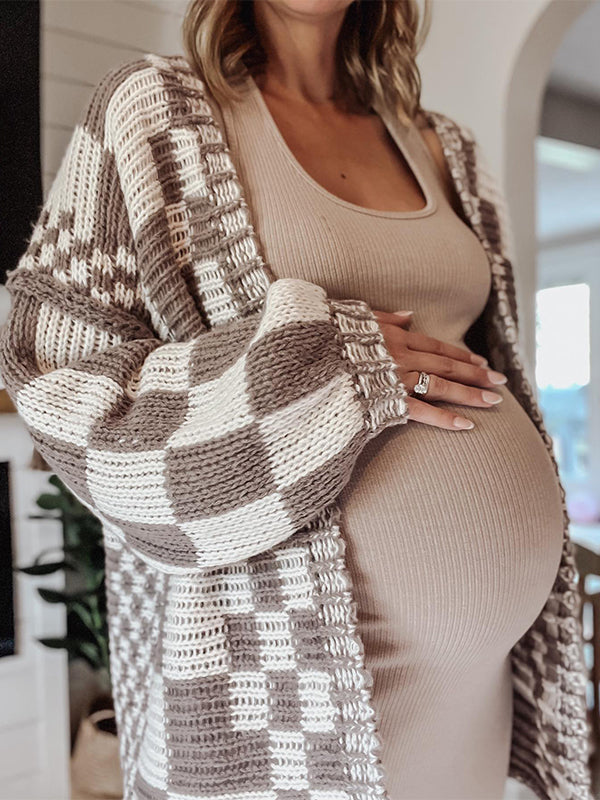 Momnfancy Plaid Tartan Lantern Sleeve Fashion Daily Plus Size Photoshoot Maternity Sweater Cardigan