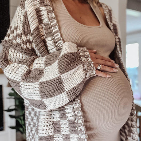 Momnfancy Plaid Tartan Lantern Sleeve Fashion Daily Plus Size Photoshoot Maternity Sweater Cardigan