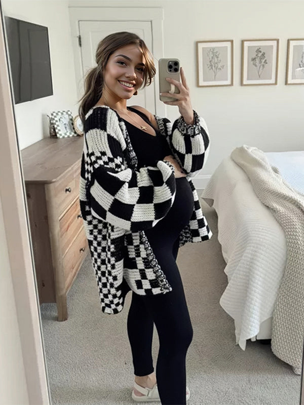 Momnfancy Plaid Tartan Lantern Sleeve Fashion Daily Plus Size Photoshoot Maternity Sweater Cardigan