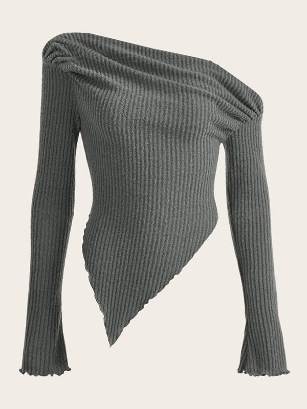 Momnfancy Grey One Shoulder Irregular Ruffle Knit Fashion Daily Fashion Maternity Sweater Top