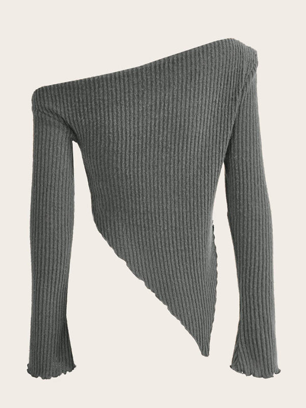 Momnfancy Grey One Shoulder Irregular Ruffle Knit Fashion Daily Fashion Maternity Sweater Top