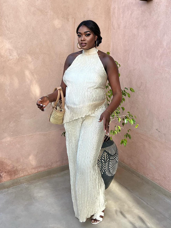 Momnfancy Apricot Pleated Irregular Backless Wide Leg Maternity Vacation Jumpsuit