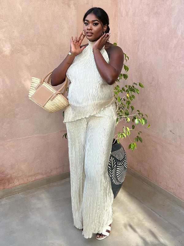 Momnfancy Apricot Pleated Irregular Backless Wide Leg Maternity Vacation Jumpsuit