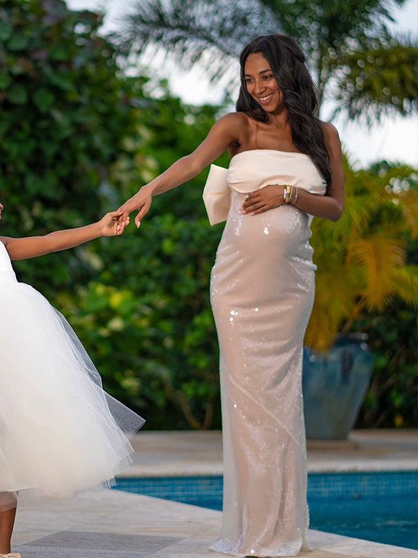 Momnfancy Sequin Bow Strapless Bandeau Elegant Maternity Maxi Dress