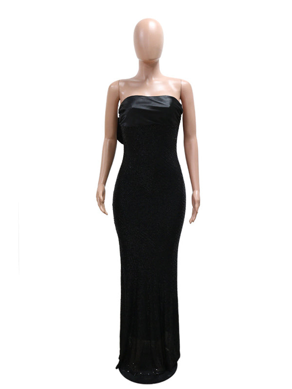 Momnfancy Sequin Bow Strapless Bandeau Elegant Maternity Maxi Dress