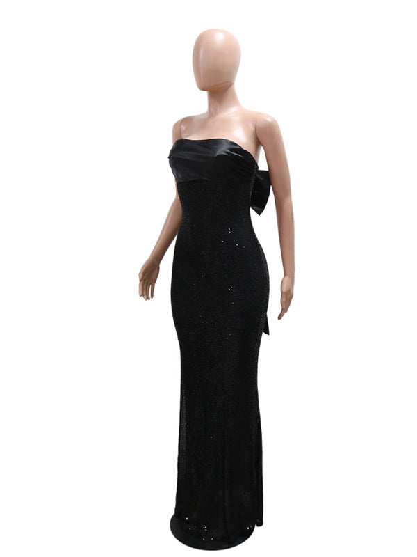Momnfancy Sequin Bow Strapless Bandeau Elegant Maternity Maxi Dress