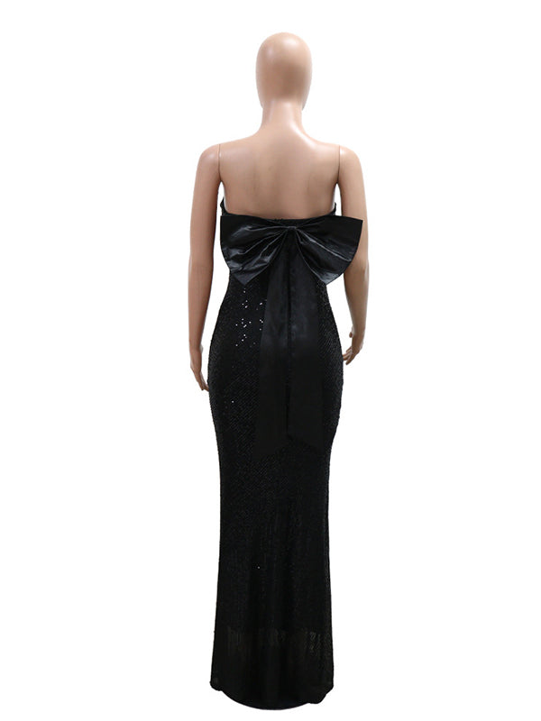 Momnfancy Sequin Bow Strapless Bandeau Elegant Maternity Maxi Dress