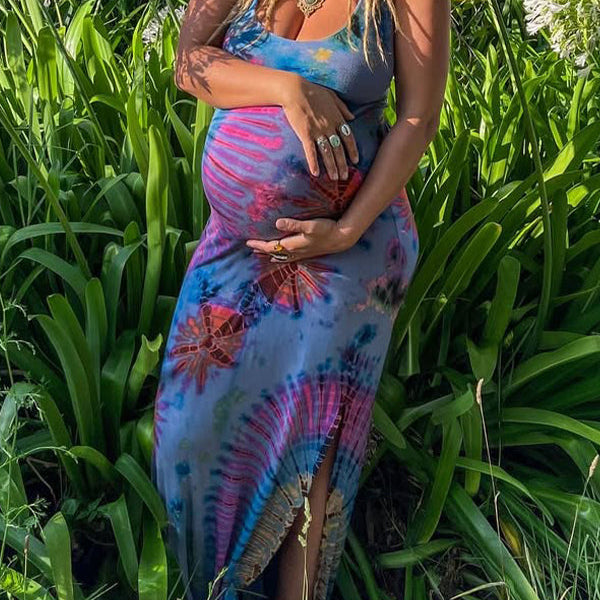 Momnfancy Royal blue Print Spaghetti Straps Slit Tie Back Elegant Maternity Photoshoot Baby Shower Maxi Dress
